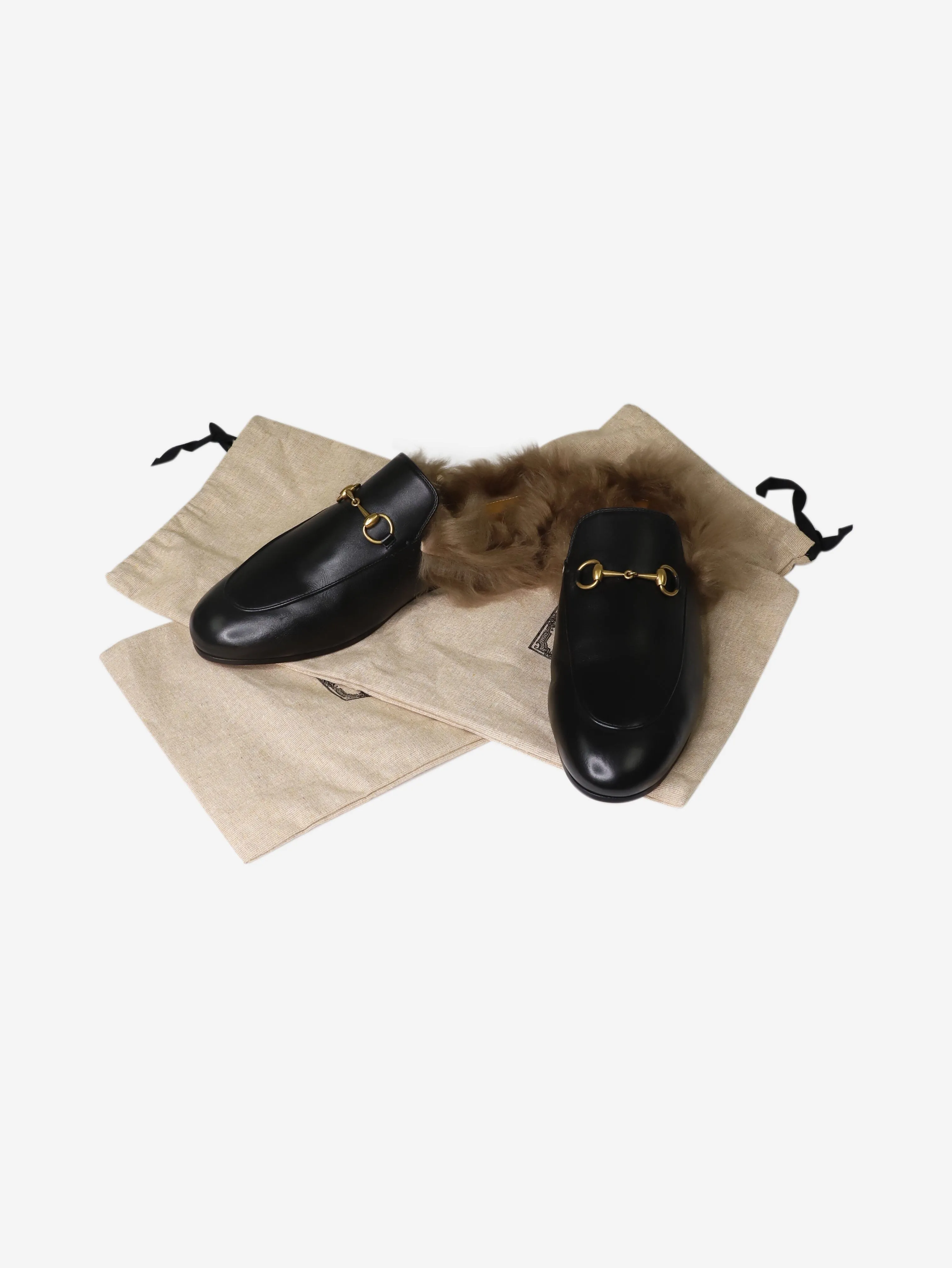 Black fur-trimmed Princetown slippers - size EU 41