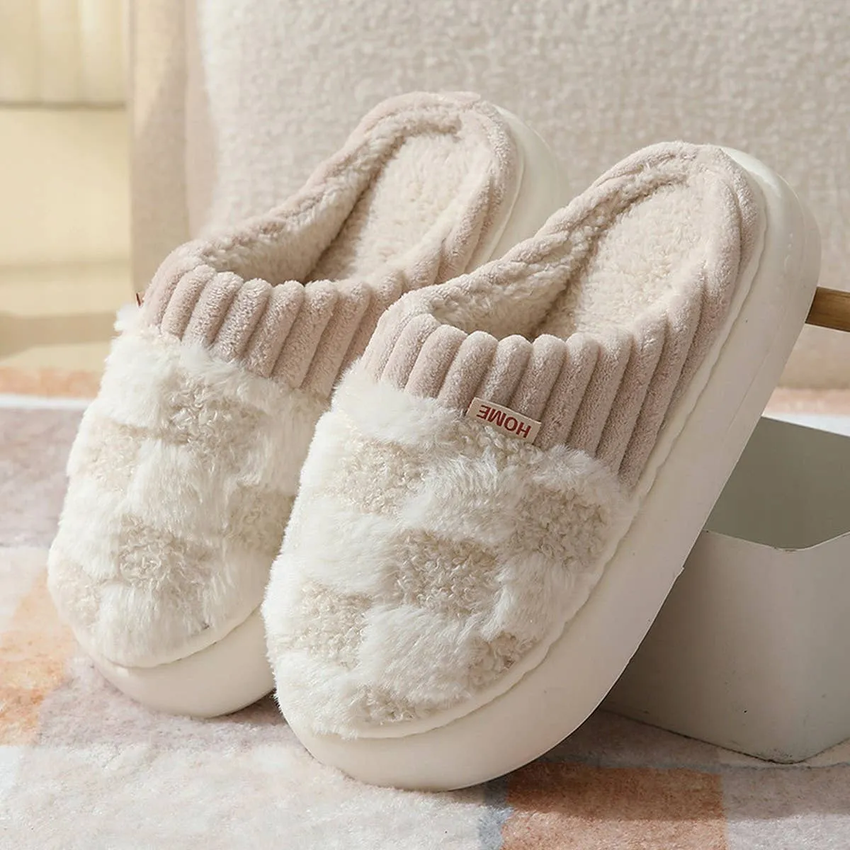 Checkered Fuzzy Slippers - White