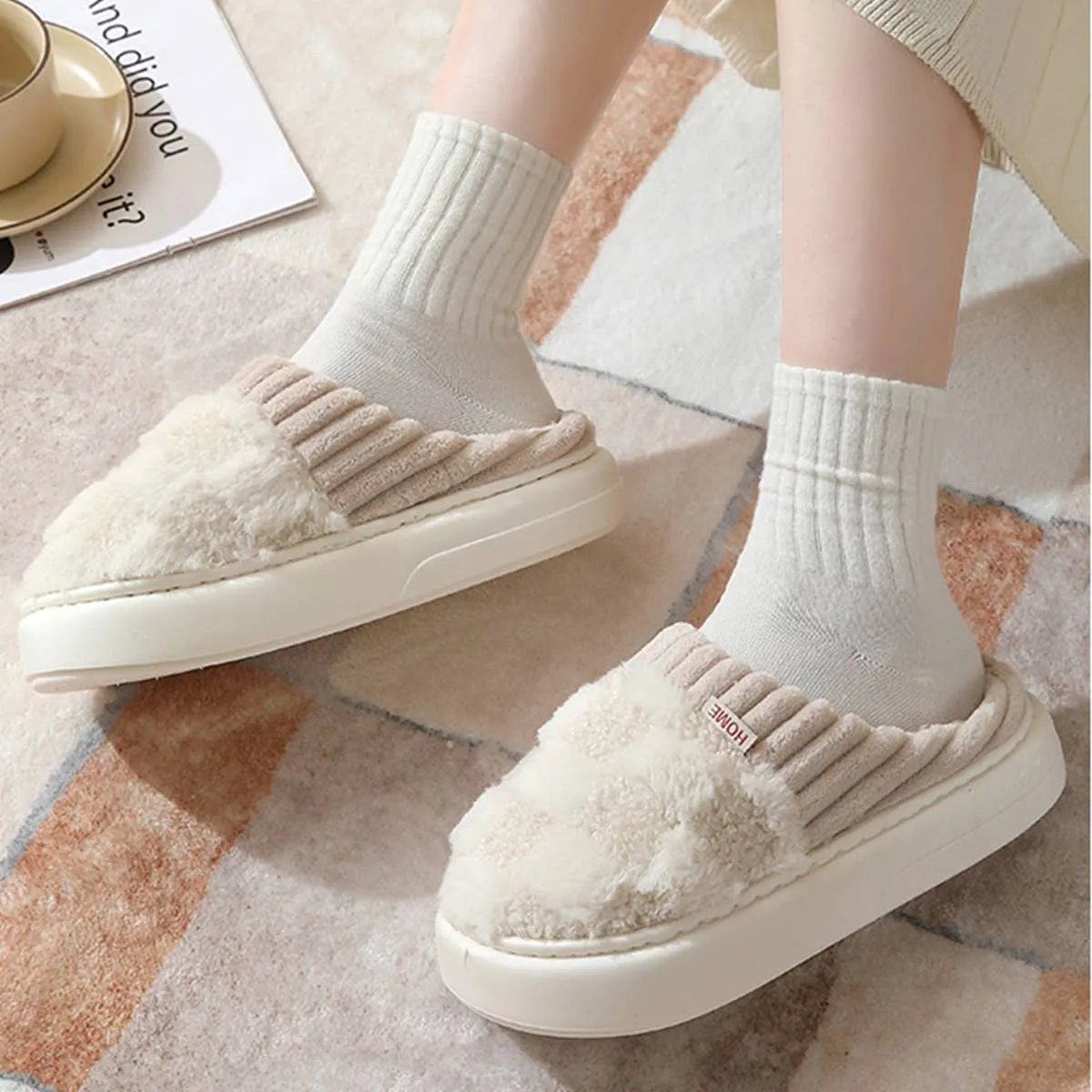 Checkered Fuzzy Slippers - White