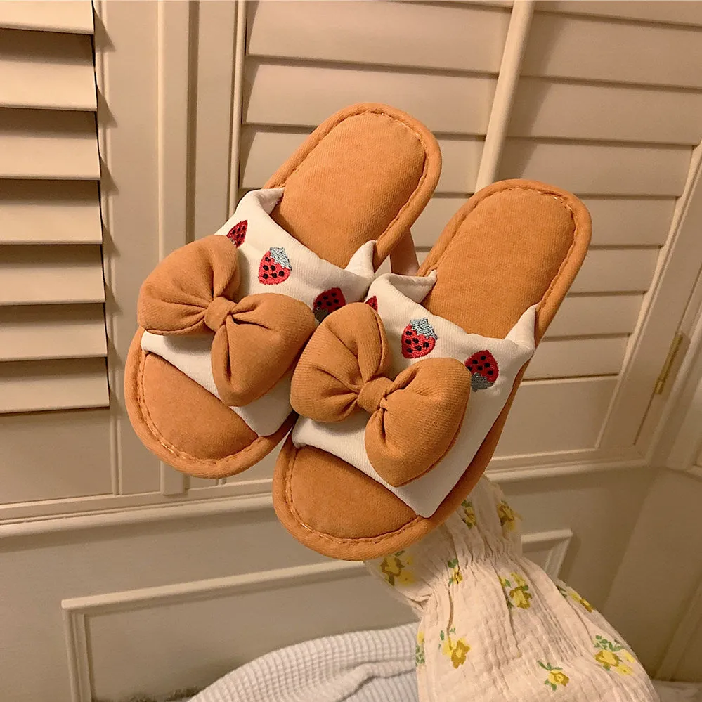 Fluffy Bow Cotton Slippers