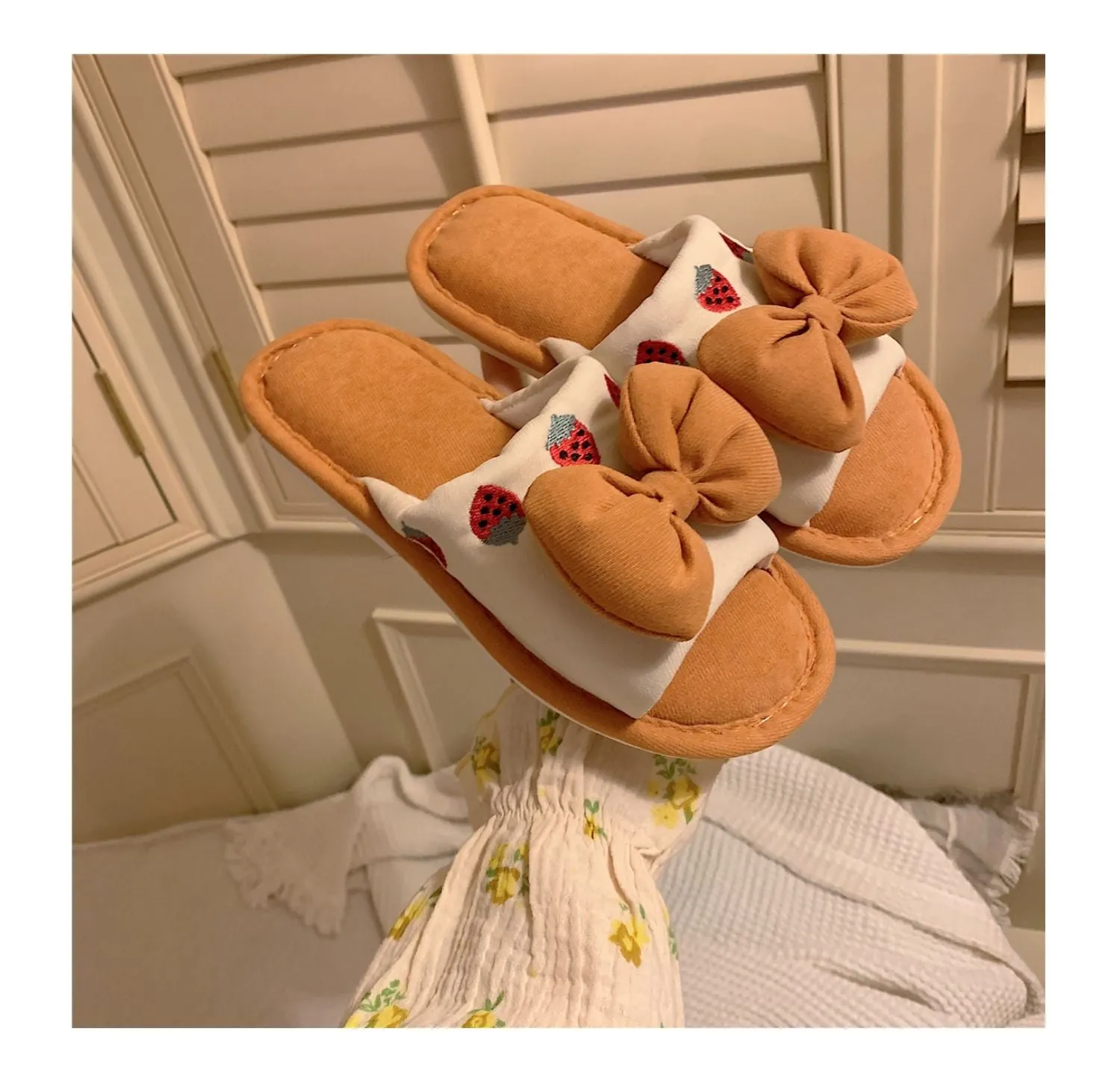 Fluffy Bow Cotton Slippers