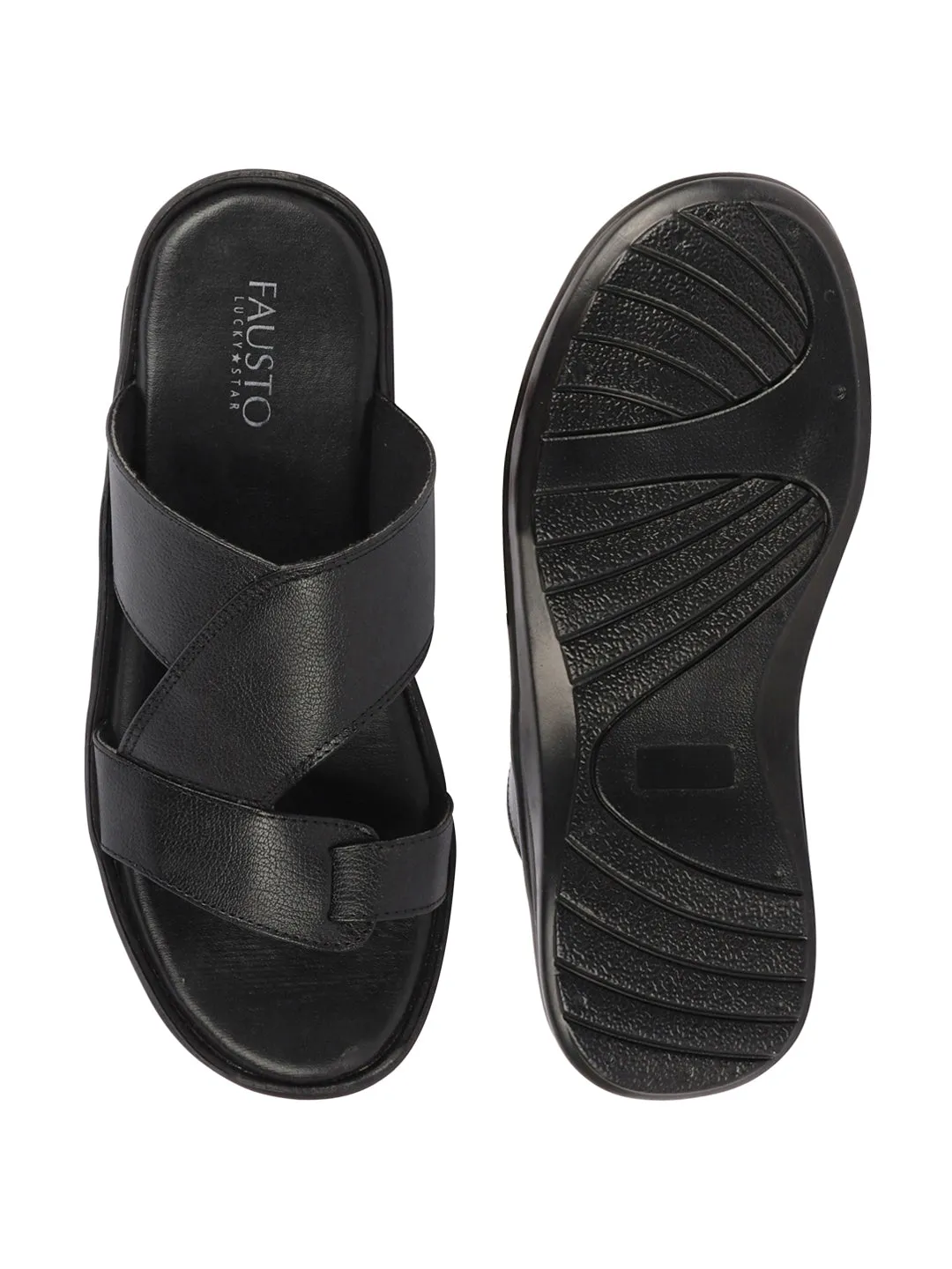 Men Black Daily Indoor Outdoor Multi Strap Toe Ring Slip On Slipper