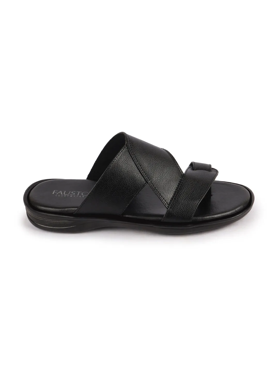 Men Black Daily Indoor Outdoor Multi Strap Toe Ring Slip On Slipper