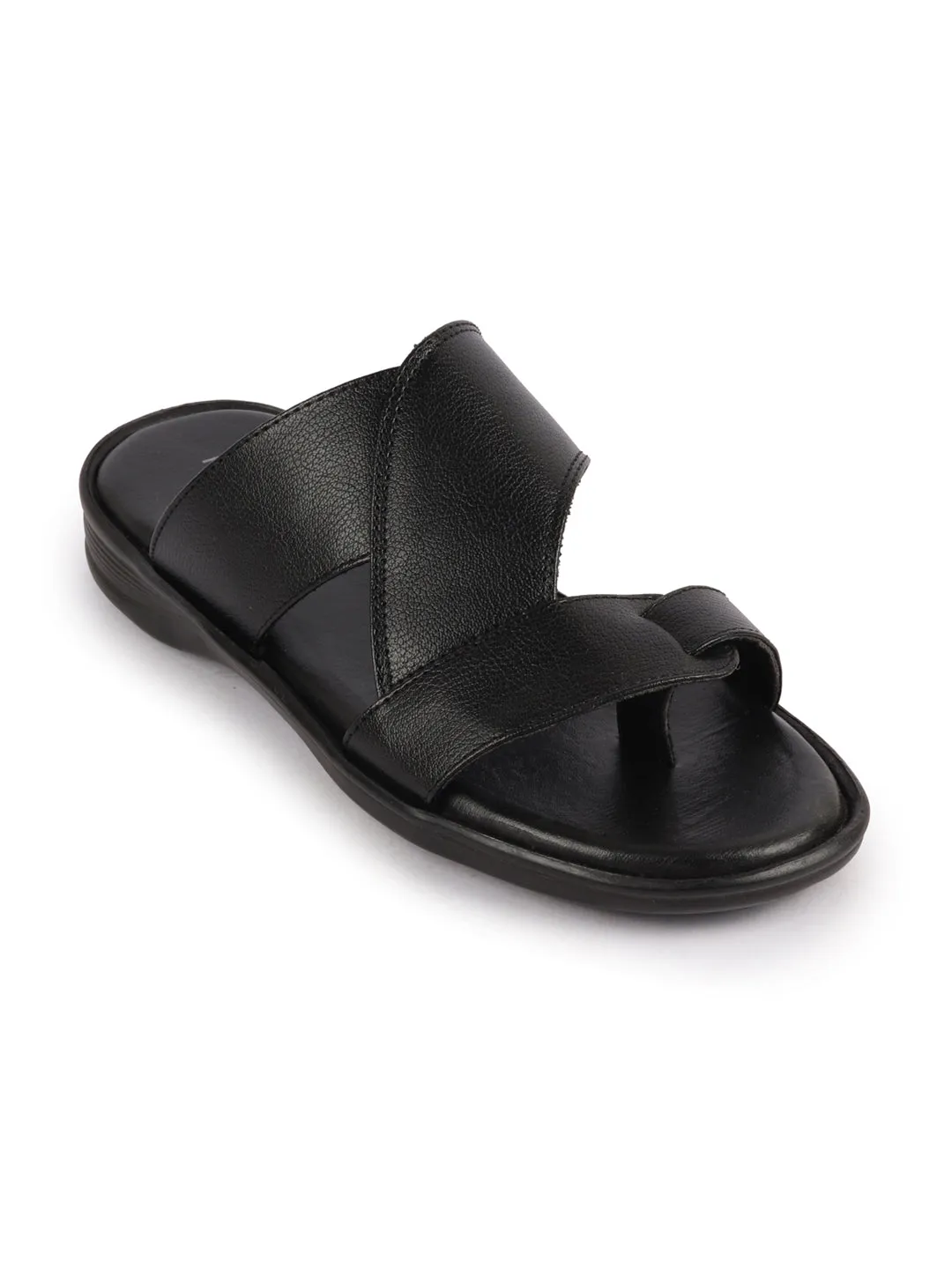 Men Black Daily Indoor Outdoor Multi Strap Toe Ring Slip On Slipper