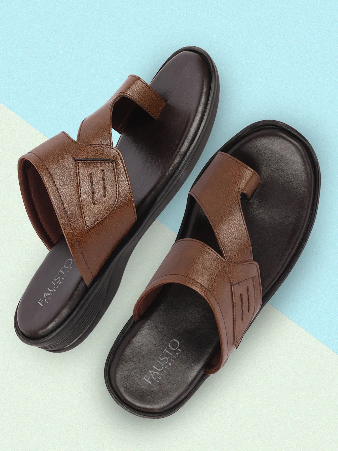 Men Tan Daily Indoor Outdoor Multi Strap Slip On Toe Ring Slipper