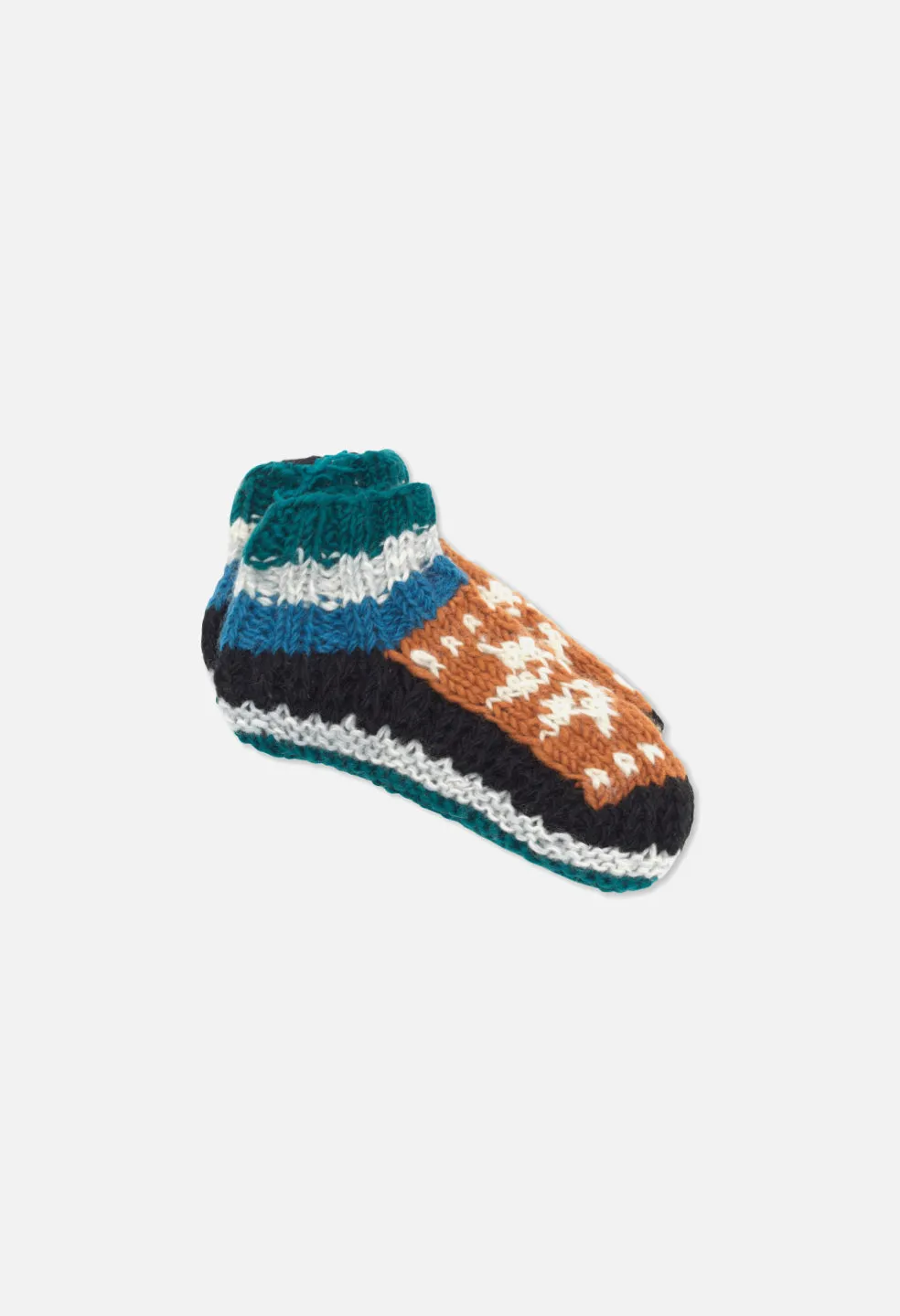 Nepalese Wool Knit Slipper / Teal x Brown