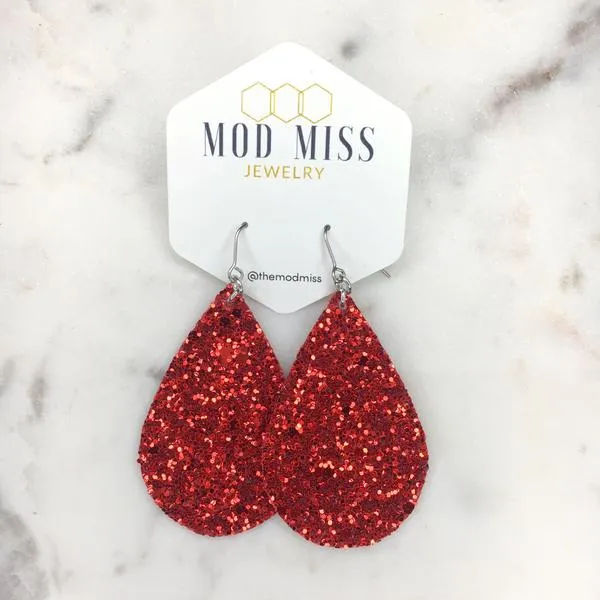 Ruby Red Slippers Glitter Canvas Chunky Teardrop Earrings