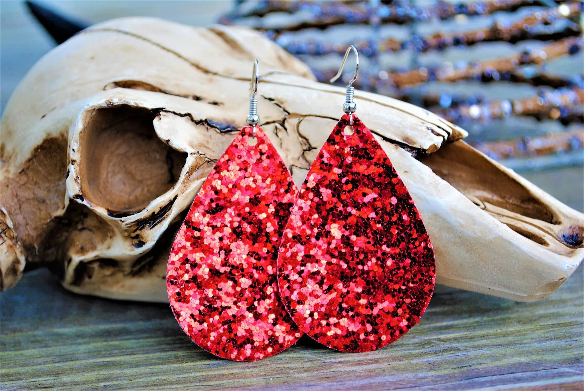 Ruby Red Slippers Glitter Canvas Chunky Teardrop Earrings