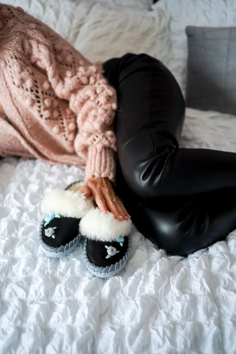 Sheepskin Slippers flower embroidery