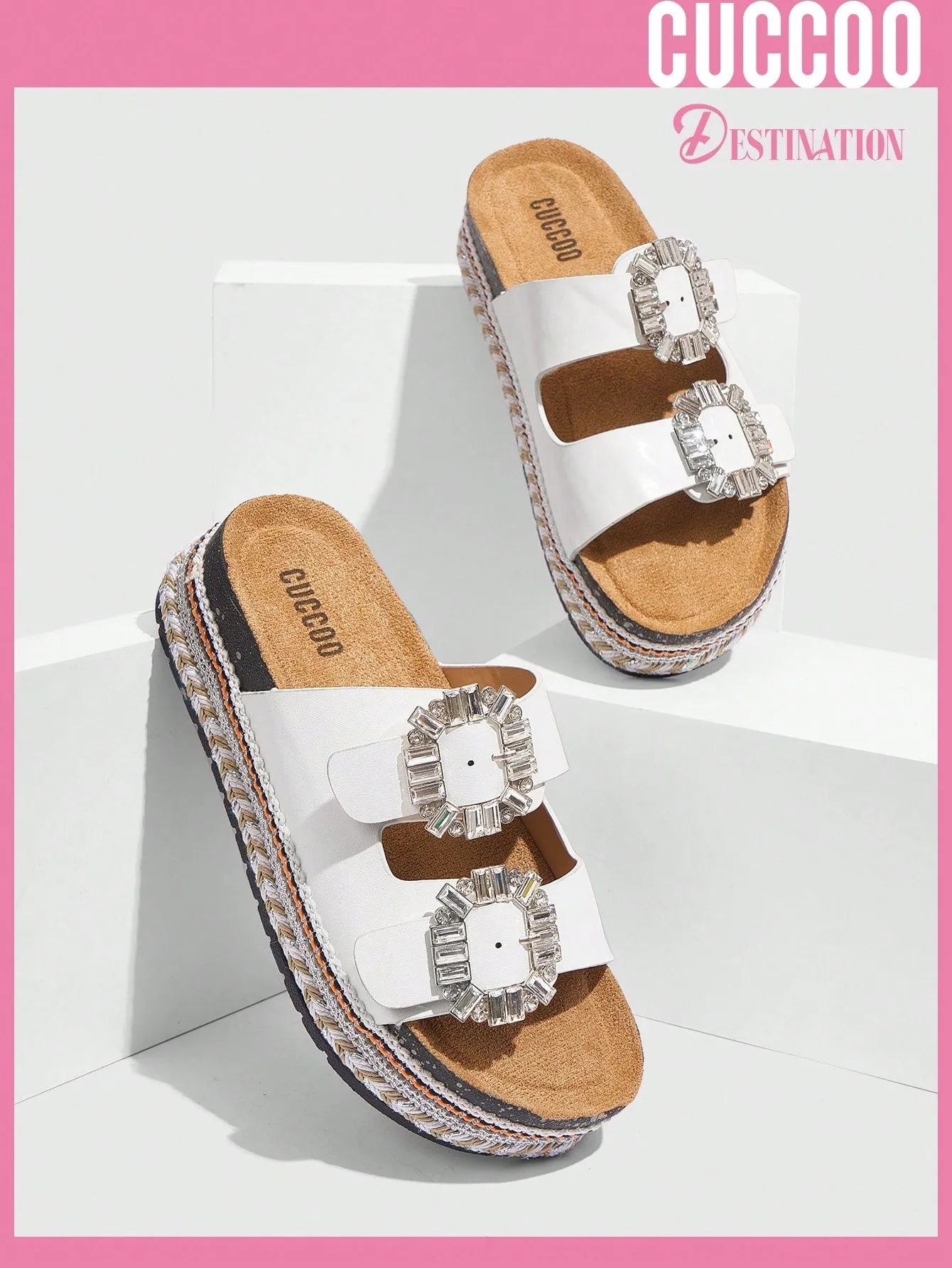 Woman Shoes Comfortable Square Rhinestone Buckle Round Toe Flat/Platform Fashionable Casual Pu Leather White Slippers For Spring And Summer