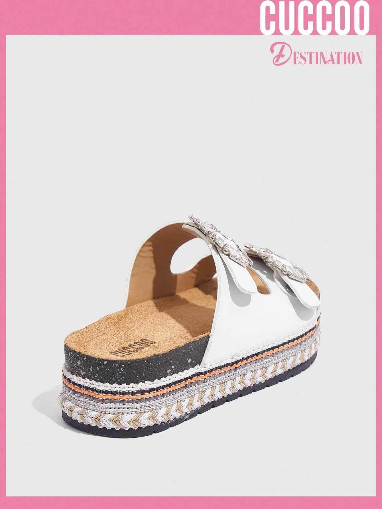 Woman Shoes Comfortable Square Rhinestone Buckle Round Toe Flat/Platform Fashionable Casual Pu Leather White Slippers For Spring And Summer