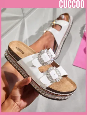 Woman Shoes Comfortable Square Rhinestone Buckle Round Toe Flat/Platform Fashionable Casual Pu Leather White Slippers For Spring And Summer