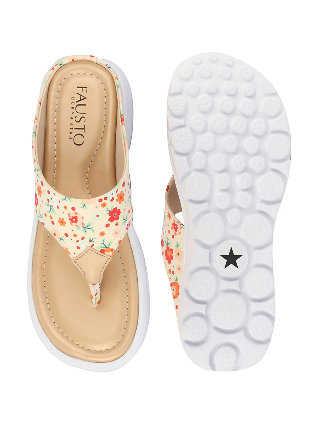 Women Beige Comfort Fashion Stylish Floral Print Design Strap Thong Flats Wedges Slipper