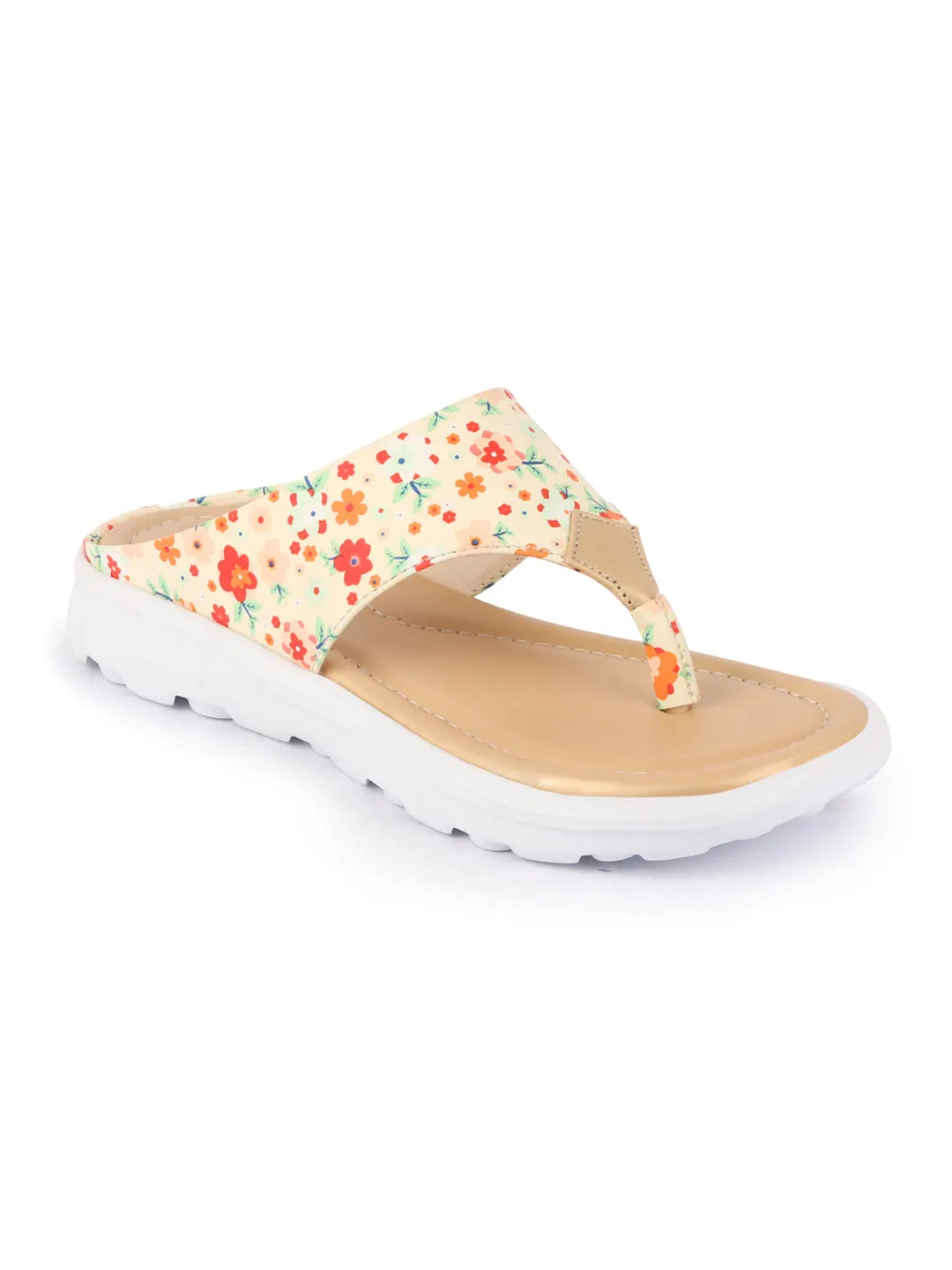 Women Beige Comfort Fashion Stylish Floral Print Design Strap Thong Flats Wedges Slipper