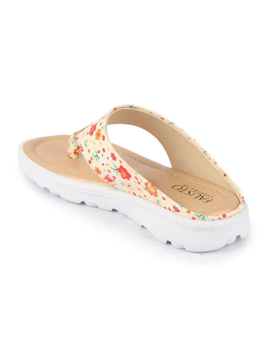 Women Beige Comfort Fashion Stylish Floral Print Design Strap Thong Flats Wedges Slipper