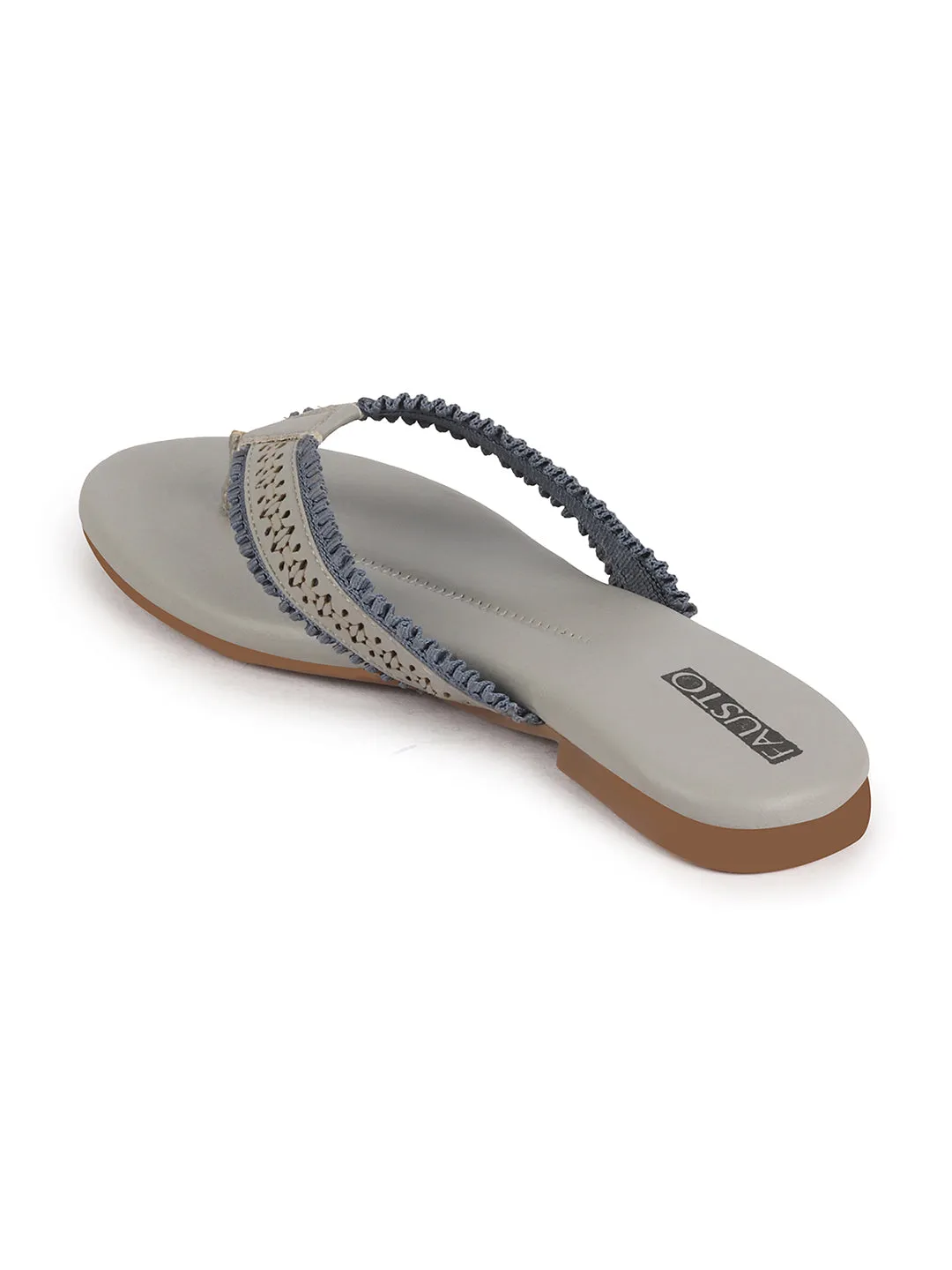 Women Grey Laser Cut Design T-Strap Thong Slip On Flats Slippers