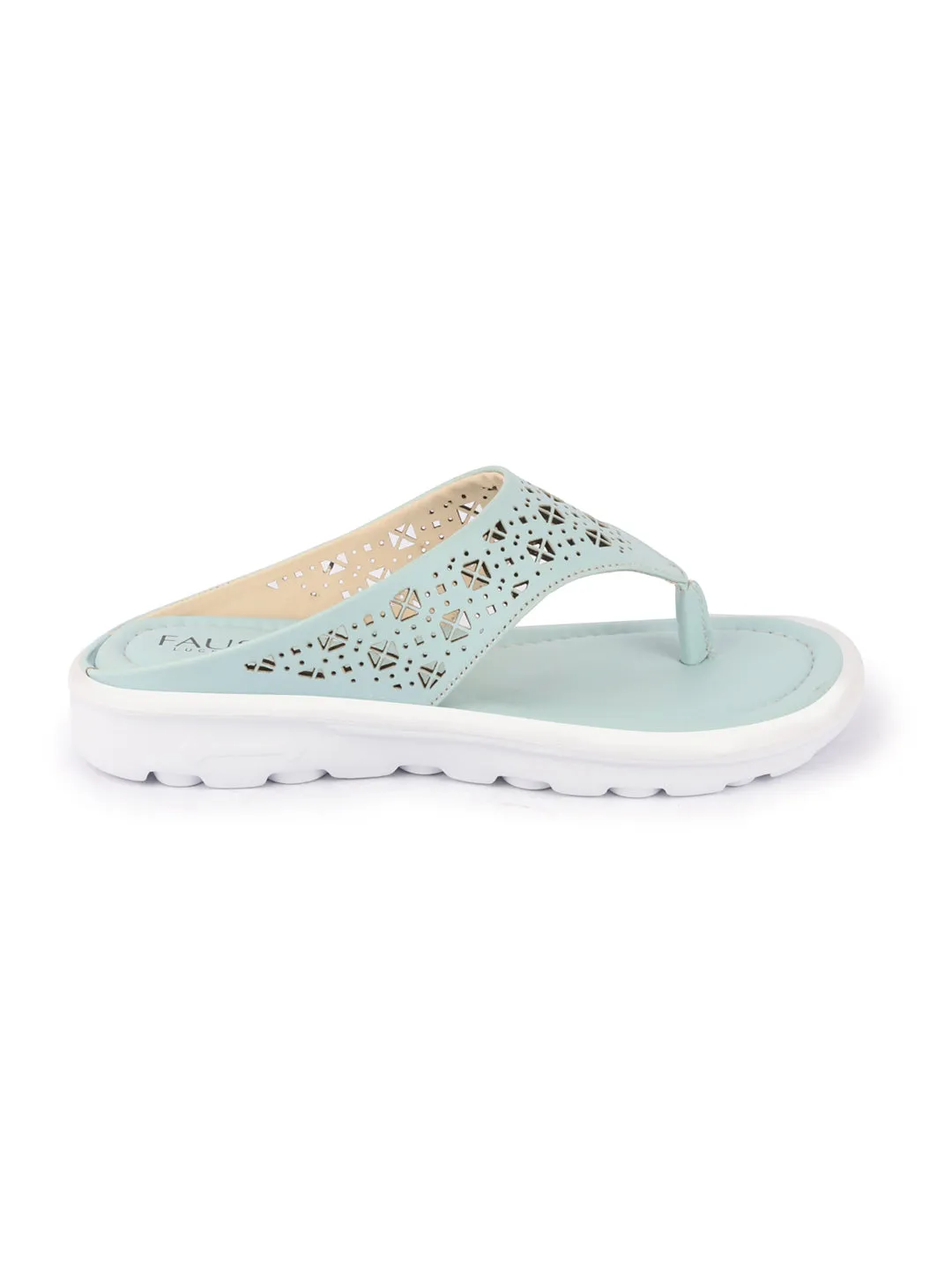 Women Sky Blue Party Fashion Stylish Laser Cut Design Strap Thong Flats Wedges Slipper