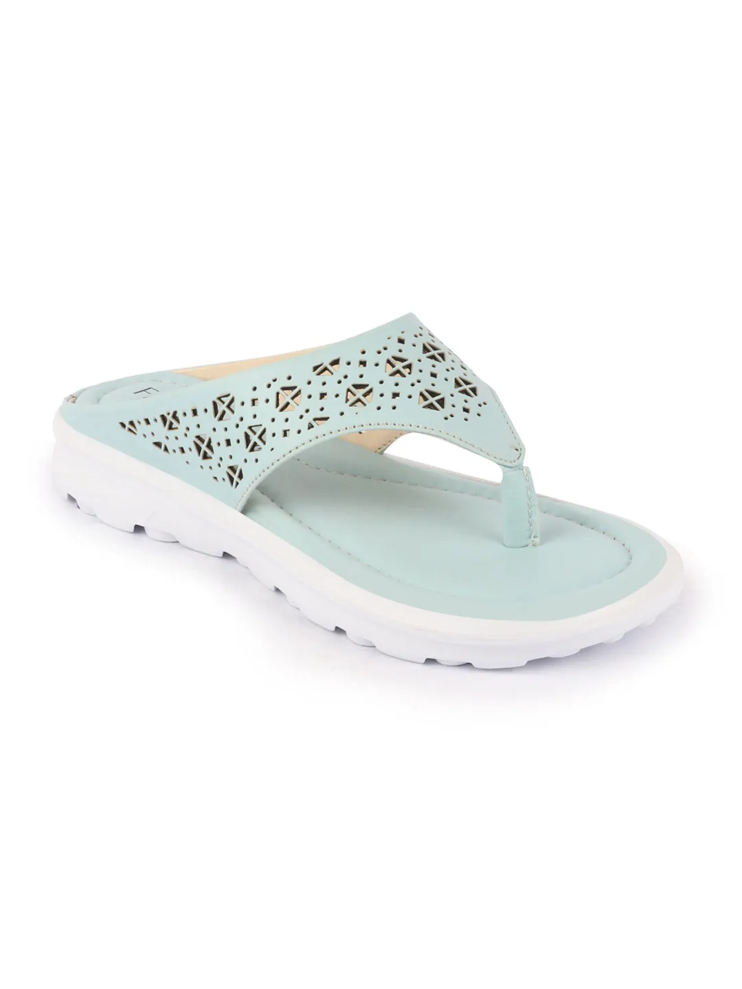 Women Sky Blue Party Fashion Stylish Laser Cut Design Strap Thong Flats Wedges Slipper