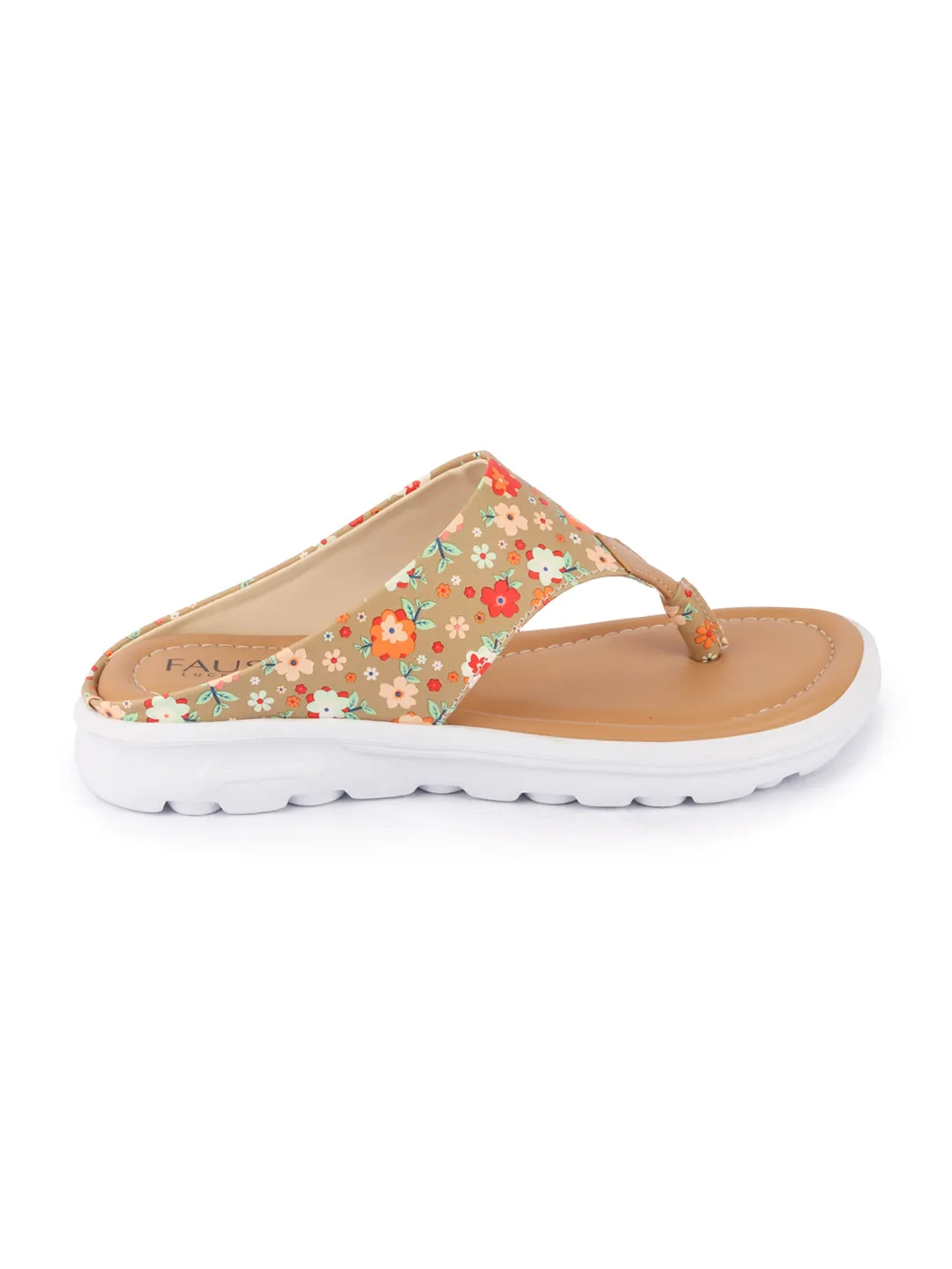 Women Tan Comfort Fashion Stylish Floral Print Design Strap Thong Flats Wedges Slipper