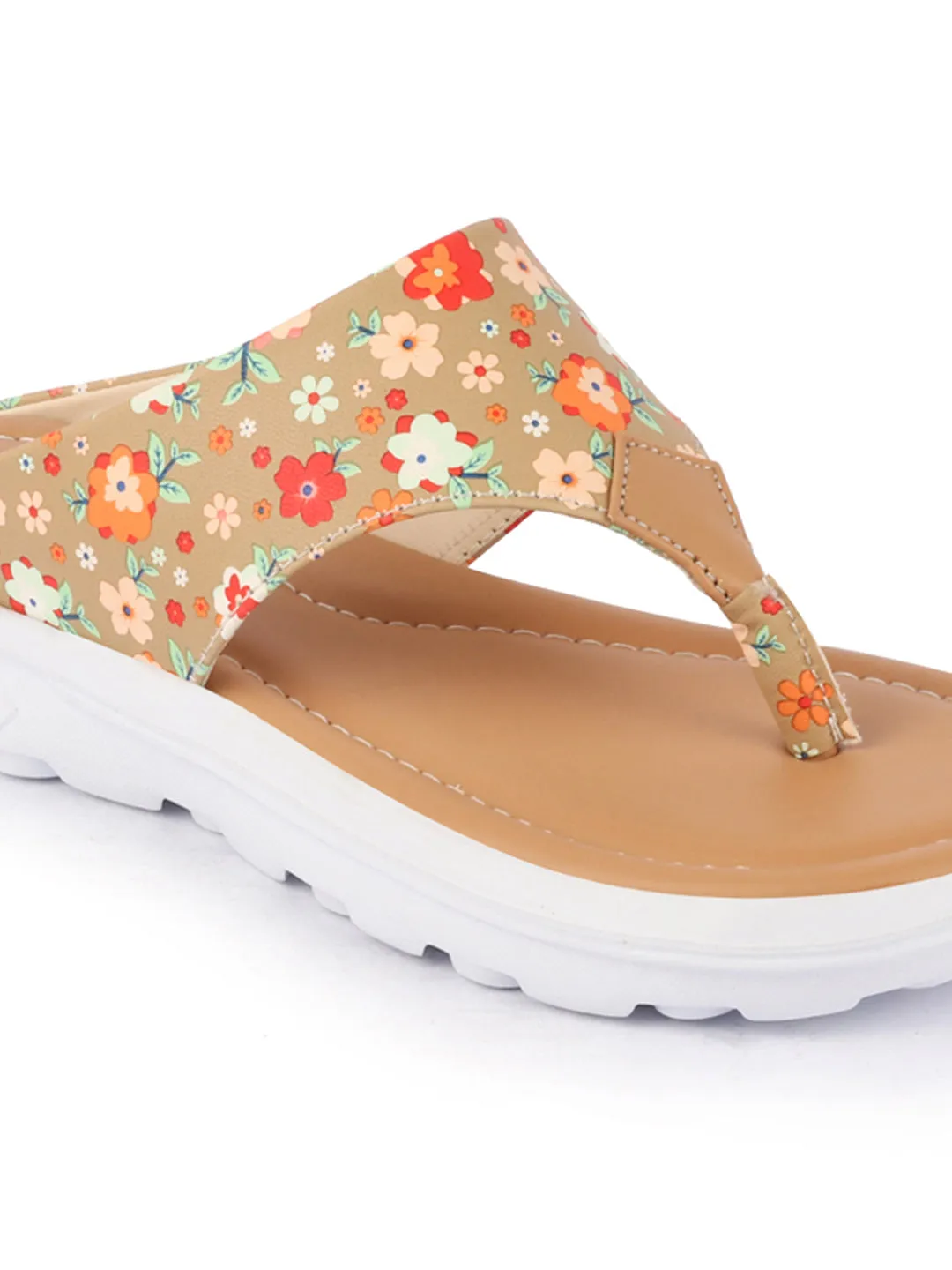 Women Tan Comfort Fashion Stylish Floral Print Design Strap Thong Flats Wedges Slipper